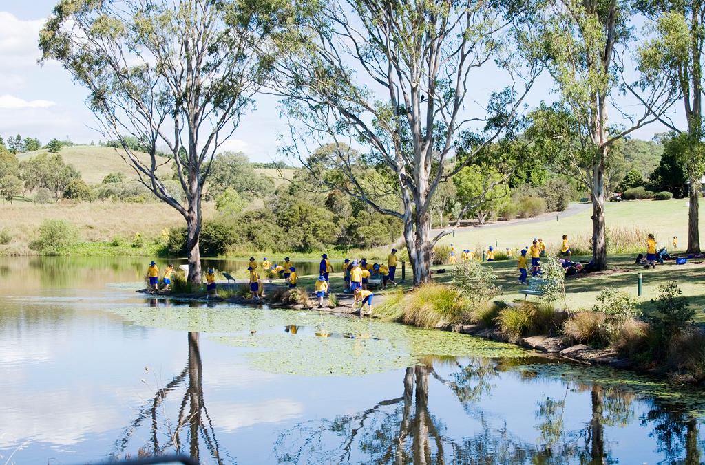 School students on an excursion at the lake at Mount Annan