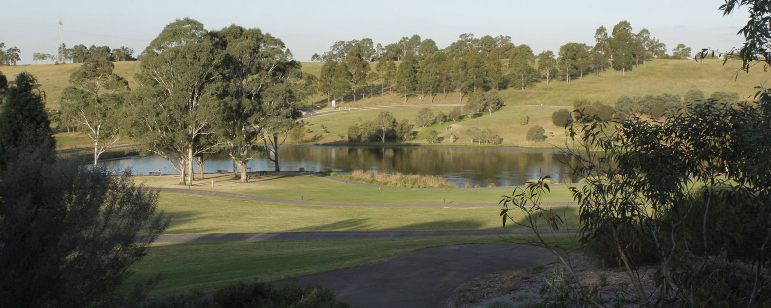 A view of the landscape and a lake at the Australian Botanic Garden Mount Annan.