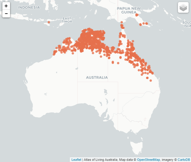 Australia map with locations of Grewia retusifolia occurs