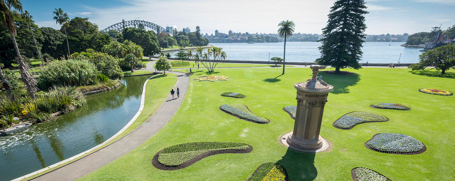 Manicured flower beds in lozenge shapes, overlooking Sydney Harbour