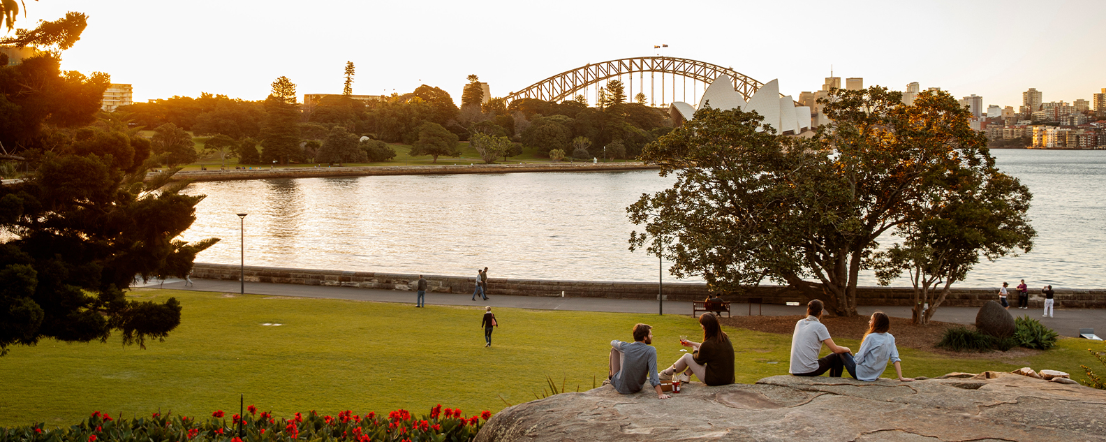 View of sunset over Sydney Harbour from the Royal Botanic Garden Sydney