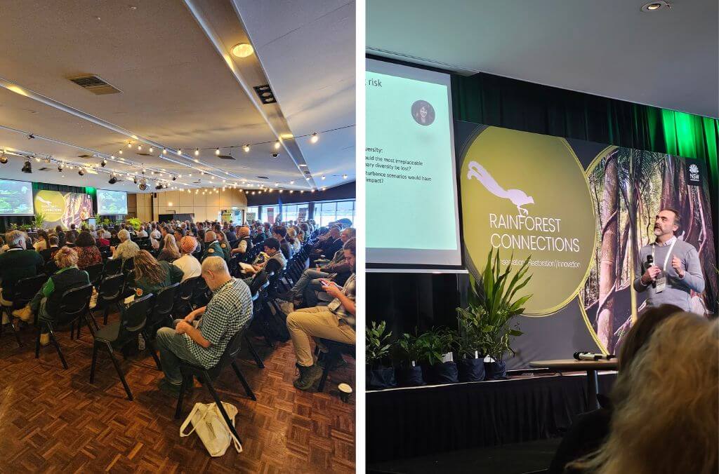 (Left) The Rainforest Connections 2024 conference (Right) Maurizio Rossetto presenting on the implications of rainforest evolution and history for conservation.