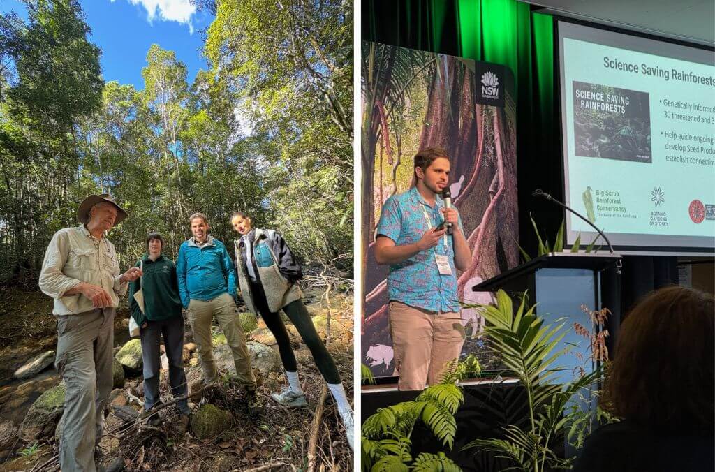 (left) Long-term rainforest researcher Robert Kooyman alongside ReCER research staff (right) Richard delivering his presentation at the Rainforest Connection conference