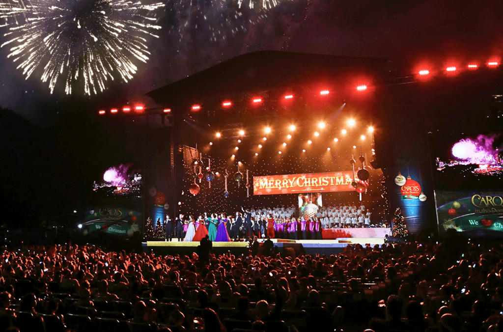 performers on stage with fireworks