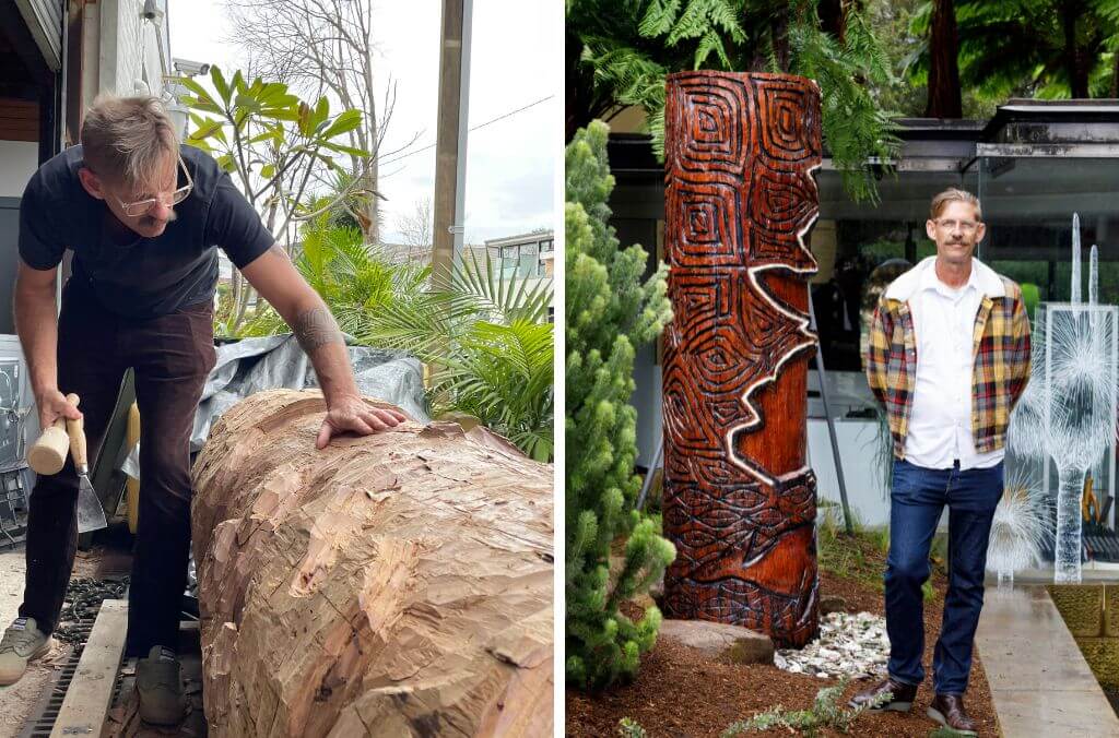 (L) Darren Charlwood, a Wiradjuri artist, carving the Welcome to Country sculpture (R) Darren at the launch event standing next to his artwork after it was installed at the Royal Botanic Garden Sydney