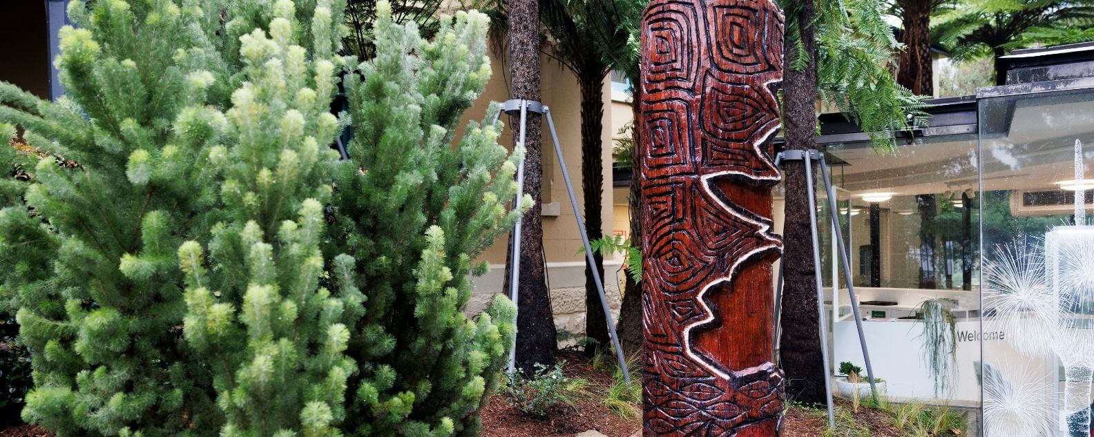 A new sculpture at the Royal Botanic Garden Sydney that embodies a Welcome to Country for Gadigal land, waters, and sky using natural materials found on Gadigal Country. 