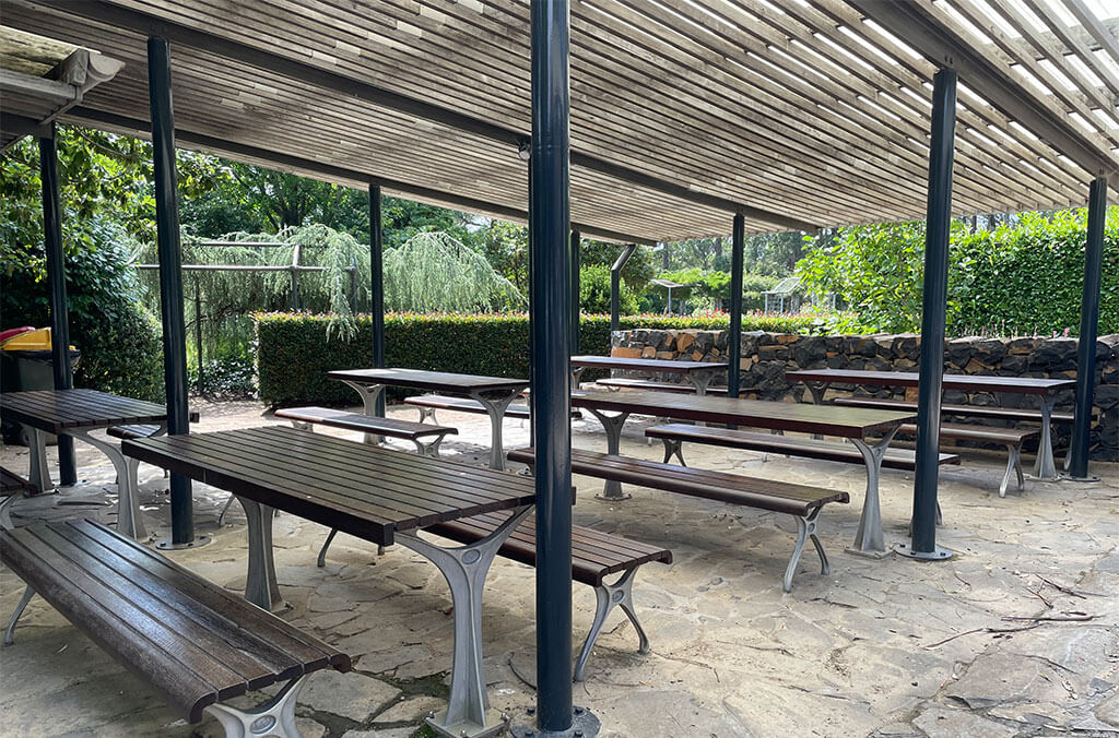 Picnic tables under a shelter