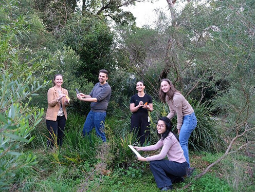 A team of scientists collecting plant specimens in bushland