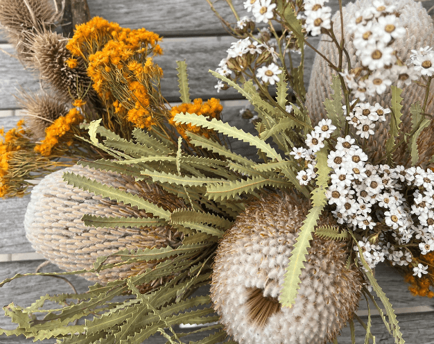 Close up of wreath made using dried florals