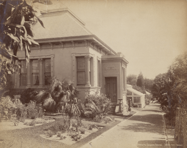 Historical image in sepia tones of the Maiden Theatre, Royal Botanic Garden Sydney