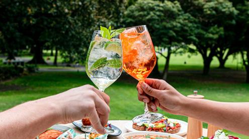 Clinking cocktail glasses at Terrace on the Domain with trees in the background