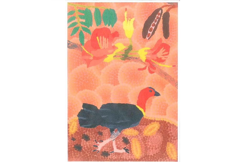 A painting of a rainforest bird and black bean pods