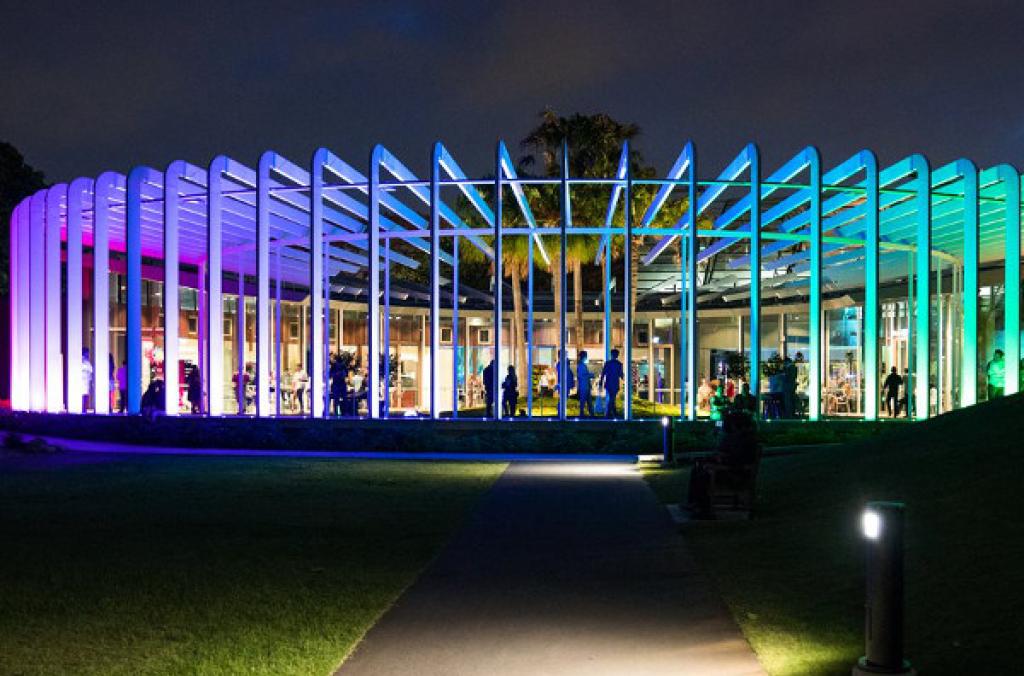 The Calyx illuminated at night