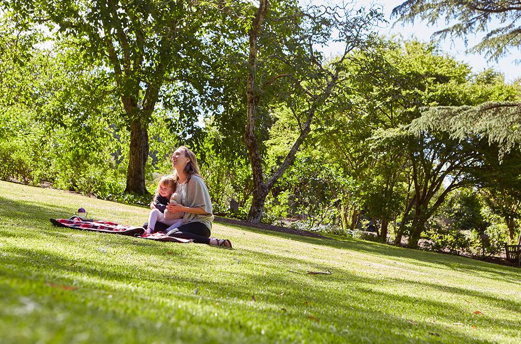 Mother and child on picnic blanket in shady lawn area, surrounded by woodlands