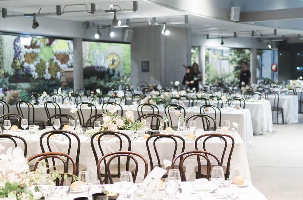 Dining tables set ready for a wedding